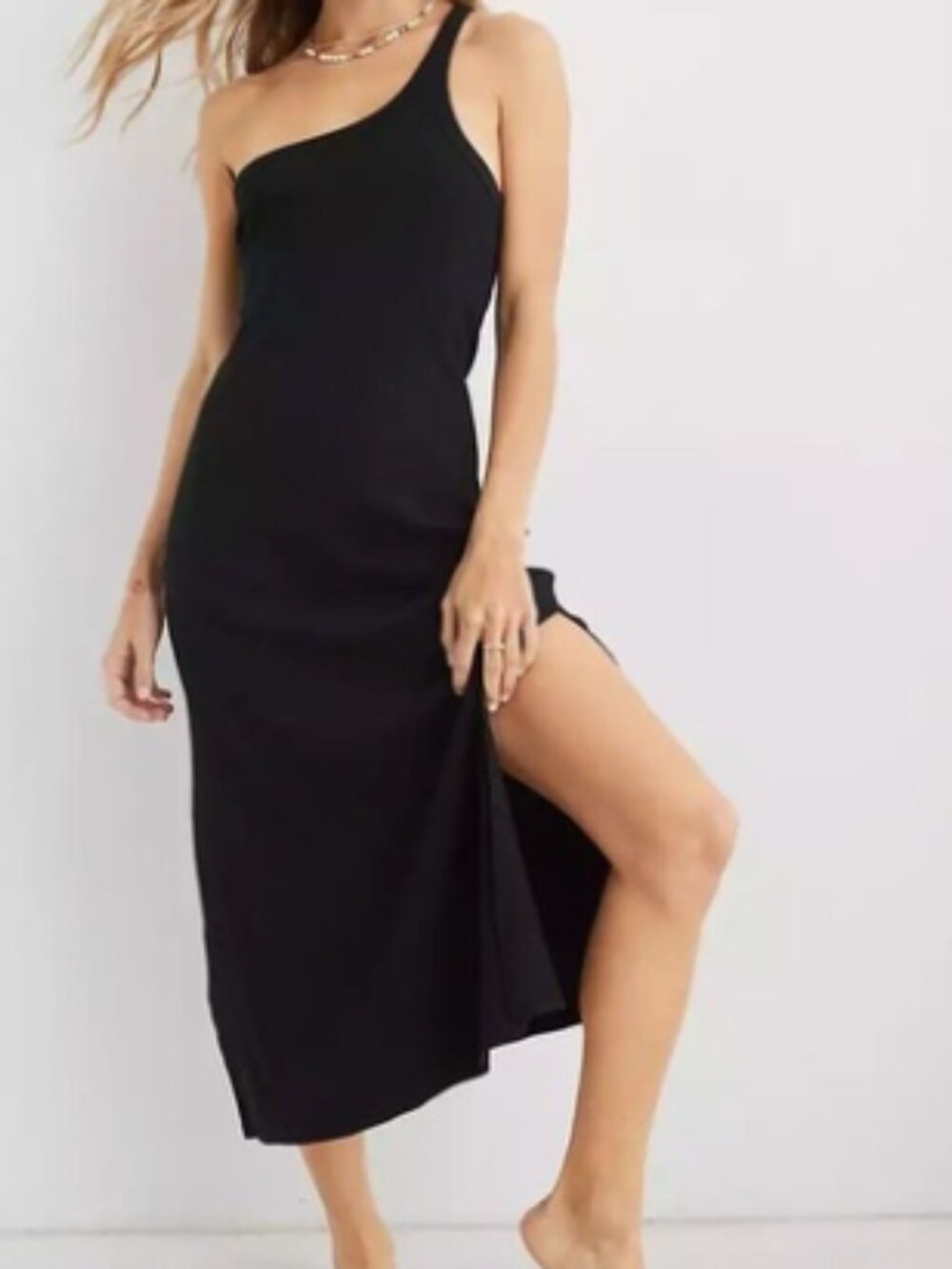 Aerie Black One Shoulder Ribbed Midi Split Hem Dress